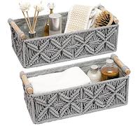 Macrame Storage Basket Boho Decor Baskets for Organizing Woven Decorative Countertop Toilet Paper Tank Top Home Bedroom Nursery Livingroom Entryway (Set of 2,Grey)
