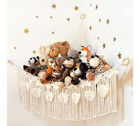 Macrame Stuffed Animal Toy Net Hammock with Star Light, Small Plushies Boho Storage for Nursery Room, Large Corner Wall Hanging Organizer for Kids, Bohemian Woven Decor Display Holder for Girls Boy