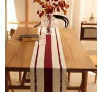 Macrame Table Runner, Farmhouse Cream Beige Table Runner with Tassels , Rustic Splicing Christmas Woven Table Mat for party Wedding Dinner Table Decor (Red stripe pattern, 30 X 180 CM)