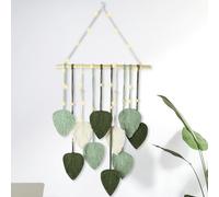 Macrame Wall Hanging, Green Leaf Tassel Tapestry, Woven Aesthetic Wall Tapestry with Wooden Beads, Boho Macrame Tapestry Feathers with LED Light for Bedroom, Living Room, Children's Room Wall Decorati