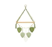 Macrame Wall Hanging Shelf-Boho Wall Plant Hanger Shelves with Handmade Woven Leaves, Rustic Wood Storage Display Shelf