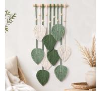 Macrame Wall Hanging Tapestry Green White Leaf Tassel Tapestries with Wooden Beads Woven Tapestry Wall Decor Aesthetic Bohemian Wall Art for Bedroom Nursery Apartment Farmhouse Home Decor (Green)