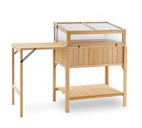 Macrout Cold Frame Greenhouse with Foldable Potting Table, Raised Garden Bed Planter Box with Legs and Wooden Greenhouse with Shelf for Vegetables, Herb and Flowers Use, 0399