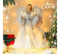 MACTING 12'' Angel Tree Topper with White Feather Wings and Silver Skirt, Christmas Tree Topper with LED Light for Xmas Tree Top Decor Holiday New Year Home Ornament Decorations