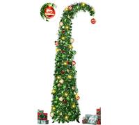 MACTING Whimsical Christmas Tree with Ball String Lights 5FT Pop Up Curved Tree with 15 Ball Lights & Hanging Ornaments Collapsible Tinsel Tree for Apartment Porch Indoor Outdoor Xmas Decor,Dark Green