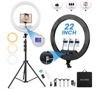 MACTREM 22" Large Ring Light with Tripod Stand & Phone Holder, with 75"/190 cm LED Display/3 phone Clips/1 Tablet Holder/2 USB Ports, 6500K 50W Dimmable Light for Makeup Video Recording