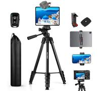 MACTREM 67"/170 cm Aluminium Phone Tripod Stand, Extendable Travel Tripod for Phone, iPad with 2-in-1 Holder, Wireless Remote Shutter,Carry Bag, iPad Tripod for Live, Vlog, Recording, Selfies