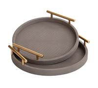 MACVAD 2 Piece Coffee Brown Round Serving Tray with Handles, Woven-Texture Faux Leather Ottoman Tray for Living Room, Decorative Tray for Coffee Table Home Decor