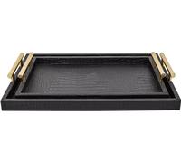 MACVAD Set of 2 Modern Elegant Large Wood Serving Tray, Rectangle Decorative Tray Ottoman Tay Coffee Table Tray, Black Crocodile Leather with Gold Polished Metal Handles