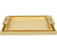 MACVAD Set of 2 Modern Elegant Large Wood Serving Tray, Rectangle Decorative Tray Ottoman Tay Coffee Table Tray, Gold Crocodile Leather with Gold Polished Metal Handles