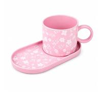 Mad About Mugs Pink Stoneware Mug and Oversized Saucer Set, Floral Tea Coffee Cup with Biscuit Plate, 9cm Mug, 18cm Saucer, Stylish Gift Cup Set for Home Kitchen Drinkware