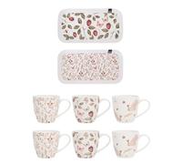 Mad About Mugs Set - 2 Rectangular Tea Trays 28.5cm & 6 Stoneware Mugs 340ml - Strawberry & Floral Pattern, Dishwasher Safe, Durable Everyday Tea & Coffee Cup and Tray Gift Set