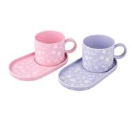 Mad About Mugs Set of 2 Pink & Lilac Stoneware Mug and Oversized Saucer Set, Floral Tea Coffee Cup with Biscuit Plate, 9cm Mug, 18cm Saucer, Stylish Gift Cup Set for Home Kitchen Drinkware