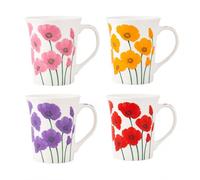 Mad About Mugs Set of 4 Floral Mug 12oz New Bone China Tea Coffee Cup Assorted Lavender Designs Red Yellow Purple Pink Durable Lightweight Microwave and Dishwasher Safe for Home Office Everyday Use