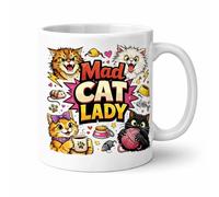 Mad Cat Lady Mug - Funny Cat Lover Gift - Colourful Cartoon Design - 11oz White Ceramic Coffee Cup