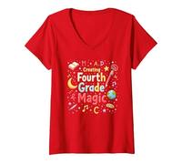 MAD Creating Fourth Grade Magic V-Neck T-Shirt, Women, Red, L