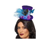 Smiffys Mad Hatter Mini Feather Hat, Purple on Headband, Fairytale, Wings and Wands Fancy Fancy Dress, Adult Dress Up Hats