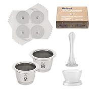 Madama - Refillable and Reusable Pod Compatible with Nespresso. Stainless Steel with Aluminium Lids. Pack of 2 pods and 100 Aluminium Adhesive Lids
