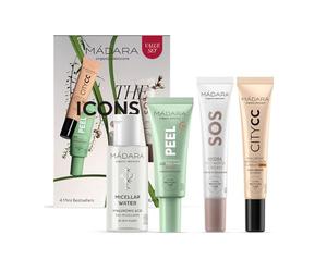 MÁDARA The Icons Skincare Gift Set Medium, 4 Piece Travel Size Discovery Kit with Micellar Water, AHA Peel Mask, Hydra Cream and CC Cream SPF15, ECOCERT Certified