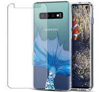 MadBee Galaxy S10 Case + Tempered Glass Screen Protector, Colorful Pattern Printed Design Clear Soft Flexible TPU Protective Cover Case for Samsung Galaxy S10 (Fish)