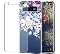 MadBee Galaxy S10 Case + Tempered Glass Screen Protector, Colorful Pattern Printed Design Clear Soft Flexible TPU Protective Cover Case for Samsung Galaxy S10 (Flower 2)