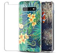 MadBee Galaxy S10 Case + Tempered Glass Screen Protector, Colorful Pattern Printed Design Clear Soft Flexible TPU Protective Cover Case for Samsung Galaxy S10 (Leaf 1)