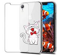 MadBee iPhone XR Case + Tempered Glass Screen Protector, Colorful Pattern Printed Design Clear Soft Flexible TPU Protective Cover Case for Apple iPhone XR 6.1" (Cat 3)