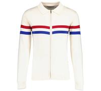 Madcap England Mavers Knitted Track Top, White with Red and Blue Stripes, Zip Through Fastening, Polo Collar (UK, Alpha, L, Regular, Regular, Snow White)