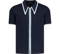 Madcap England Men's Retro Mod 60s 70s Short Sleeve Popcorn Knit Zip Through Polo Shirt Cardigan Mack MC1094 (UK, Alpha, XXL, Regular, Regular, Navy)