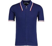 Madcap England Men's Retro Mod 70s 1970s Seventies Short Sleeve Zip Through Dagger Spear Collar Knitted Polo Cardigan Cannon MC1070 (Large, Navy)