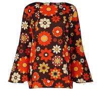 Madcap England Women's Retro 60s 70s Flared Bell Sleeve Printed Top Shirt Blouse Stargaze MC1016 (UK, Numeric, 10, Regular, Regular, Brown/Orange 70s Floral)