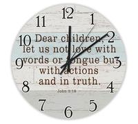 Madcolitote 15 Inch Wall Clock Bible Verse Scripture Wooden Wall Clocks Dear Children Let Us Not Love with Words Jesus Quote Religious Christian New Home Gift Thanksgiving for Her