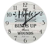 Madcolitote Bible Verse 10 Inch Wall Clocks Battery Operated He Heals The Broken Hearted Clock Silent Easy to Read Scripture Print Home Decor for Living Room Kitchen Bedroom Classroom