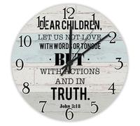 Madcolitote Bible Verse 10 Inch Wooden Wall Clocks Battery Operated Dear Children Let Us Not Wall Clock Easy to Read Scripture Home Decor for Kitchen Bedroom Living Room Classroom