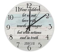 Madcolitote Bible Verse 15 Inch Wooden Wall Clocks Battery Operated Dear Children Let Us Not Love with Words Wall Clock Scripture Print Home Decor for Living Room Kitchen Bedroom Classroom