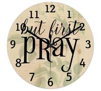 Madcolitote Bible Verse Christian 10 Inch Wooden Wall Clocks Battery Operated But First Pray Clock Easy to Read Scripture Art Home Decor for Kitchen Bedroom Living Room Classroom