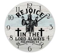 Madcolitote Bible Verse Christian Large Wooden Wall Clocks 12 Inch Rejoice in The Lord Always Philippians 4 4 Clock Scripture Home Decor for Bedroom Living Room Kitchen School Classroom