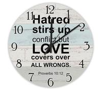 Madcolitote Bible Verse Wooden Wall Clocks 15 Inch Hatred Stirs Up Conflict But Love Covers over All Wrongs Clock Scripture Home Decor for Kitchen Living Room Bedroom Classroom