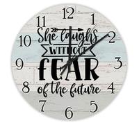 Madcolitote Christian Religious Wall Clock 12 Inch Round Wall Clocks She Laughs Without Fear of The Future Bible Verse Christian Decor For Office Home Decor Birthday Housewarming Gift