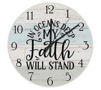 Madcolitote In Oceans Deep My Faith Will Stand 1 Wooden Wall Clock Jesus Bible Verse 12 Inch Wall Clocks Battery Operated Silent Religious Decor for Bedroom Living Room Office