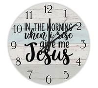 Madcolitote In The Morning When I Rise Give Me Jesus Wooden Wall Clock Bible Verse Christian 15 Inch Large Wall Clocks Battery Operated Religious Faith Decor for Living Room Bedroom Office