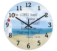 Madcolitote Jesus Bible Verse Large Wooden Wall Clocks 12 Inch The LORD Lives! Praise Be to My Rock Clock Christian Scripture Home Decor for Living Room Kitchen Bedroom Classroom