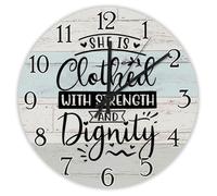 Madcolitote Jesus Bible Verse Wooden Wall Clocks Battery Operated 15 Inch She Is Clothed with Strength Clock Easy to Read Scripture Home Decor for Kitchen Bedroom Living Room Classroom