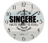 Madcolitote Love Must Be Sincere Hate What Is Evil Wall Clock Bible Verse Large Wooden Wall Clocks 15 Inch Farmhouse Christian Wall Decor for Home Kitchen Office School Bathroom