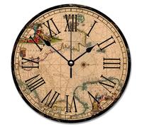 Madcolitote Old World Map Wall Clock Wooden Medieval Europe Large Wall Clocks Battery Operated 10 Inch Country Beach Cabin Decor For Living Room Bedroom Kitchen Birthday Gift