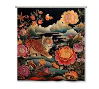 Madcolitote Pink Green And Turquoise Floral Animal Tiger Stripe Shower Curtain Set with Hooks Chinoiserie Shower Curtain Asian Bathroom Shower Curtain Bathroom Decor Shower Curtain