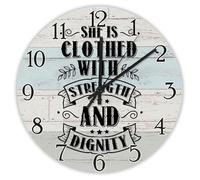 Madcolitote Religious Faith Wall Clock 12 Inch Round Wall Clocks Battery Operated She Is Clothed with Strength And Dignity Bible Verse Decor For Living Room Bedroom Office Kitchen Gift