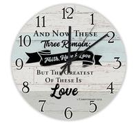 Madcolitote Religious Quote Art Wall Clock 15 Inch Round Wall Clocks And now these three remain faith Bible Verse Decor Retirement Living Room Decor Gift for Man Woman Friend Anniversary