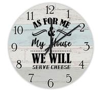 Madcolitote Religious Quote Art Wall Clock Large Wooden Wall Clocks 10 Inch As for Me & My House We Will Serve Cheese Jesus Bible Verse Decor Living Room Decor Gift for Man Woman Friend