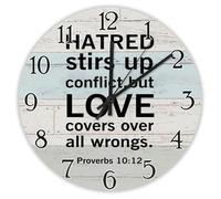 Madcolitote Religious Quote Art Wall Clock Round Decorative Clocks 12 Inch Hatred Stirs Up Conflict Proverbs 10:12 Bible Verse Christian Living Room Decor Gift for Man Woman Friend Anniversary